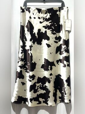 Calligraphie Satin Cow Print Midi Skirt with Slit